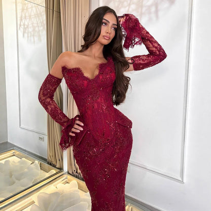 Luxury Wine Red Lace Beaded Mermaid Evening Dress LA73341