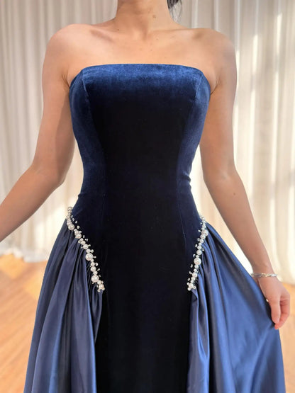 Luxury Navy Blue Mermaid Pearls Evening Dress Gowns With Skirt LA73351