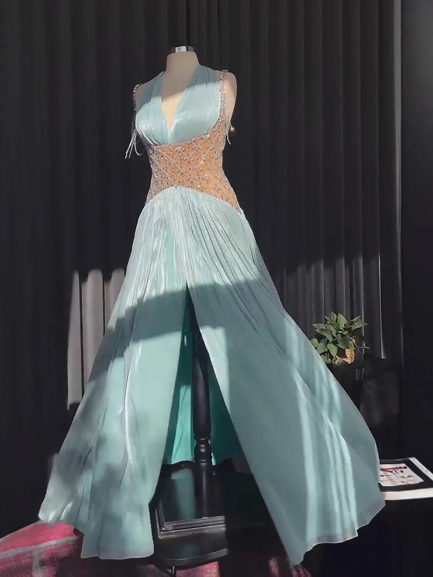 Luxury Turquoise Crystal Beaded A-Line Evening Dress LA73421
