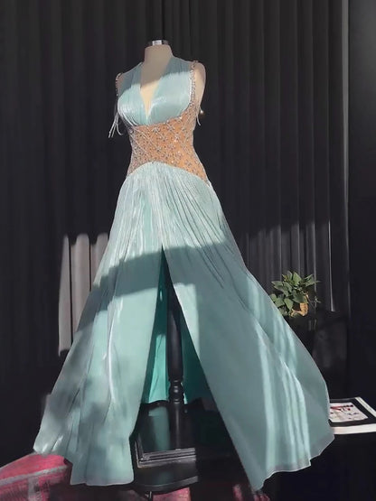 Luxury Turquoise Crystal Beaded A-Line Evening Dress LA73421