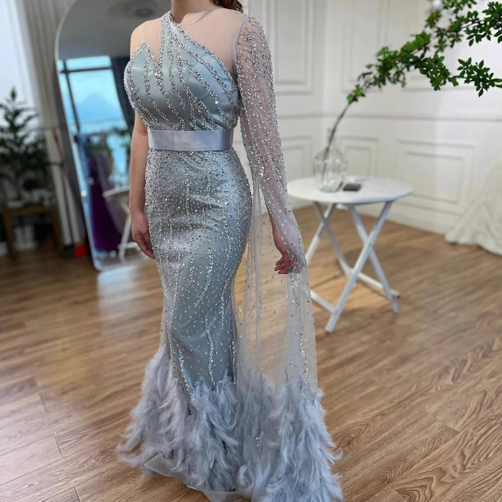 Elegant Nude One Shoulder Feather Beaded Mermaid Evening Dress LA71096