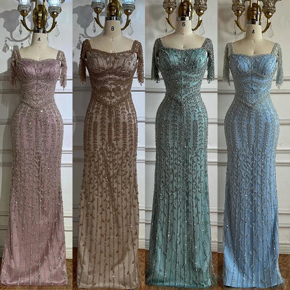 Pink Mermaid Beaded Evening Dress with Short Sleeves LA72787