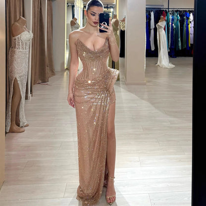Luxury Rose Gold Saudi Arabic Beaded High Split Evening Dress LA72807B