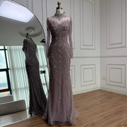 Luxury Pink Beaded Mermaid Evening Dress Long Sleeve LA73158