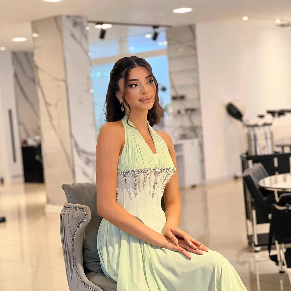 Luxury Designer Sage Green Chiffon Halter Beaded   Evening Dress LA73074