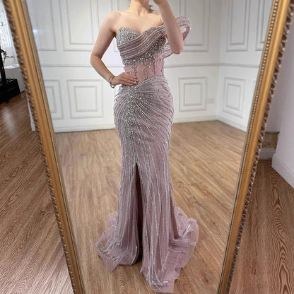 Luxury Pink Crystal One Shoulder Beaded Evening Dress Split LA73197