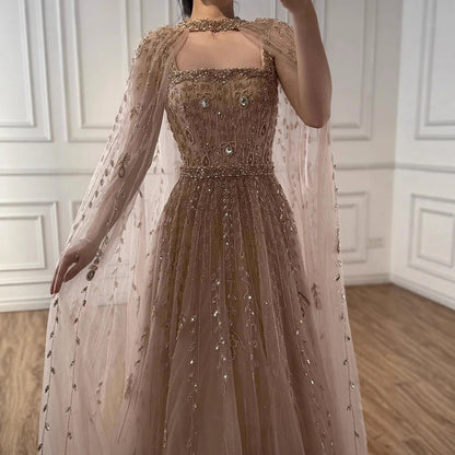 Nude Square Neck Beaded A-Line Evening Dress LA72835