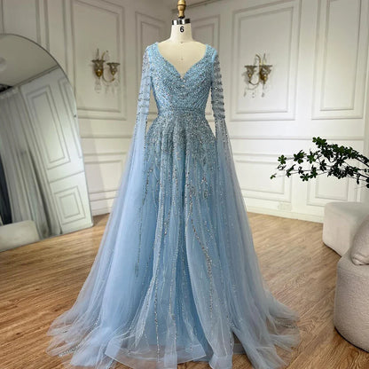 Luxury Dubai  Arabic Caramel Elegant A-Line Beaded Long Evening Dresses Gowns with Cape Sleeves for Formal Occasion LA72750