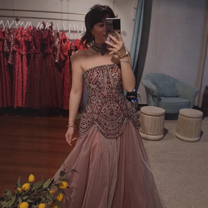 Luxury Wine Red Arabic Beaded A-Line Evening Dress LA73377