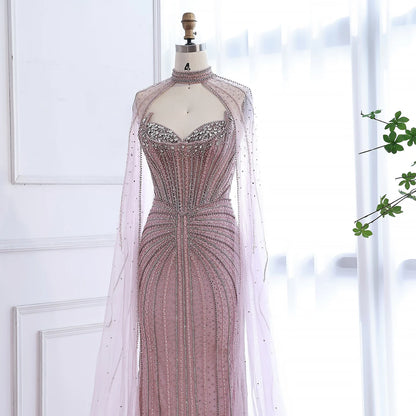 Luxury Dubai Caramel Beaded Evening Dress With Cape LA72811C