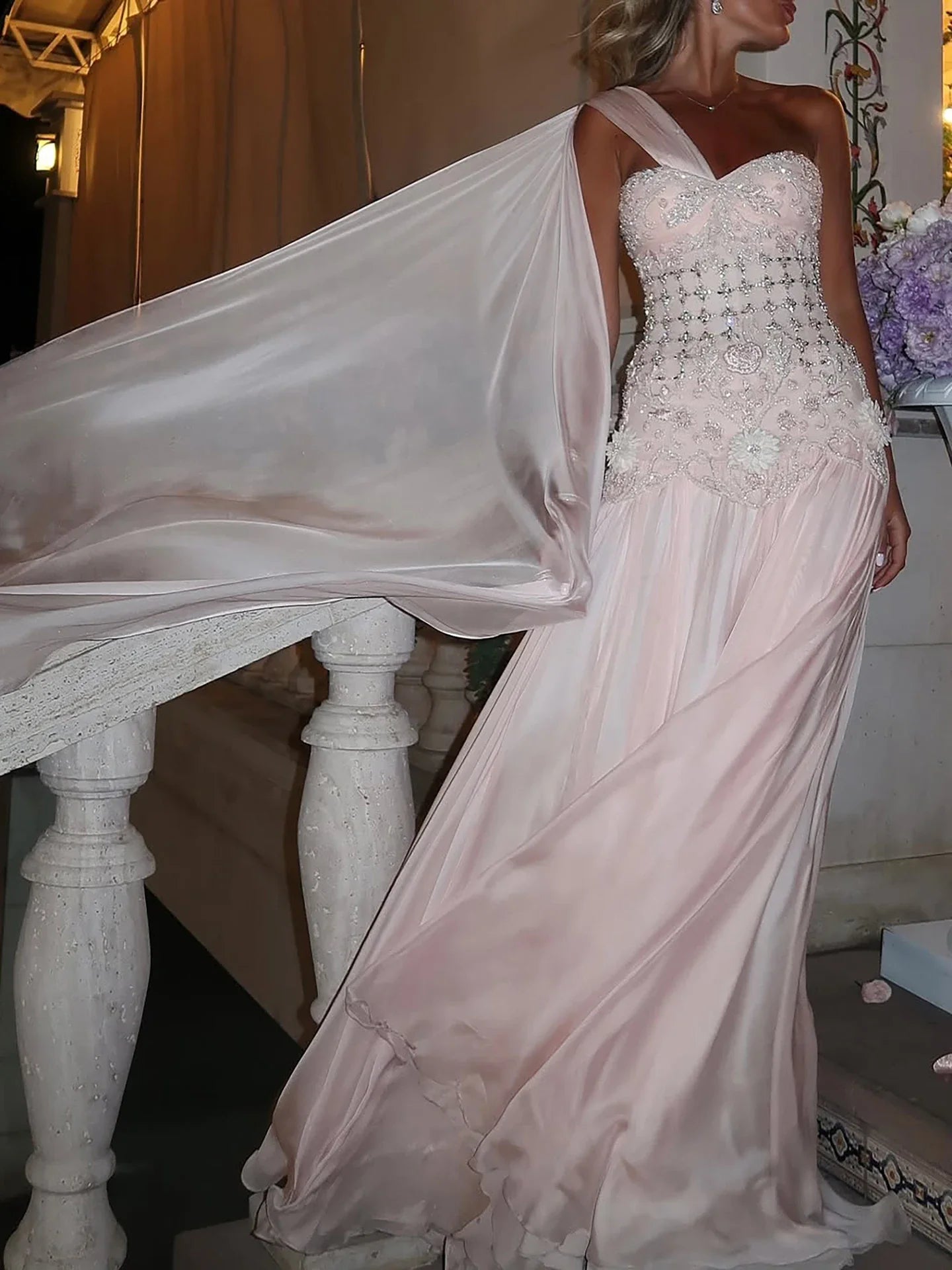 Luxury Pink Arabic Floral Evening Dress With Cape LA73451