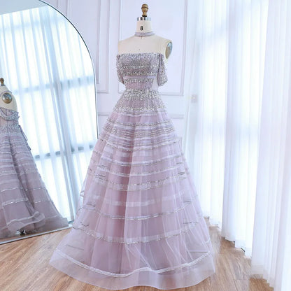 Luxury Pink Off Shoulder A-Line Beaded Evening Dress LA73079