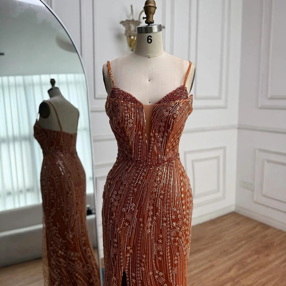 Orange Beaded Evening Dress with Slit Spaghetti Straps LA72542