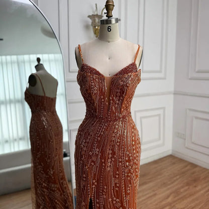 Orange Beaded Evening Dress with Slit Spaghetti Straps LA72542