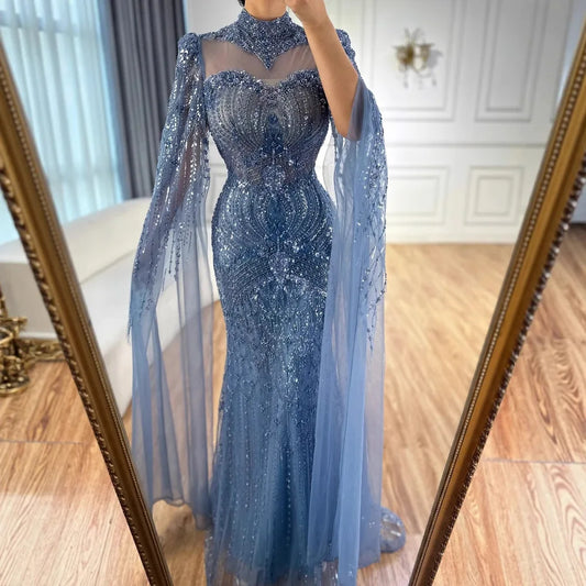 Modest Blue Mermaid Evening Dress with Cape LA73006