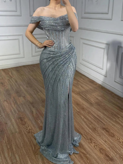 Luxury Silver Diamond Corset Off Shoulder Mermaid Evening Dress LA73410