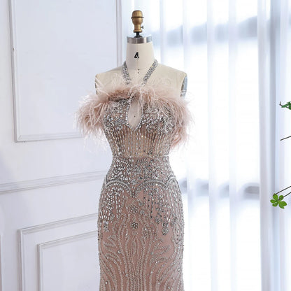 Luxury Nude Halter Feather Crystal Evening Dress LA73349