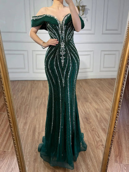 Luxury Gold Crystal Beaded Mermaid Evening Dress LA73142