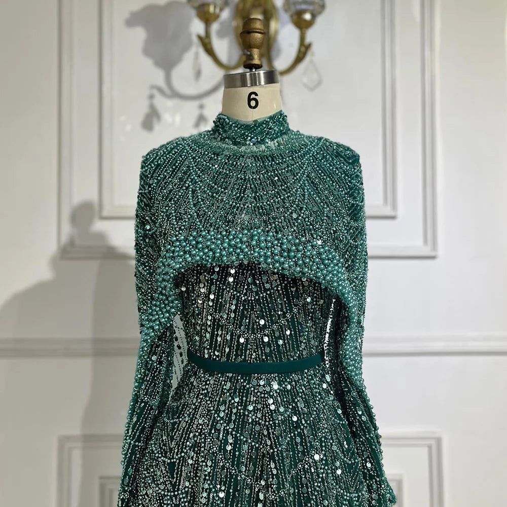 Luxury Modest Sage Green Evening Dress with Pearls LA72032B