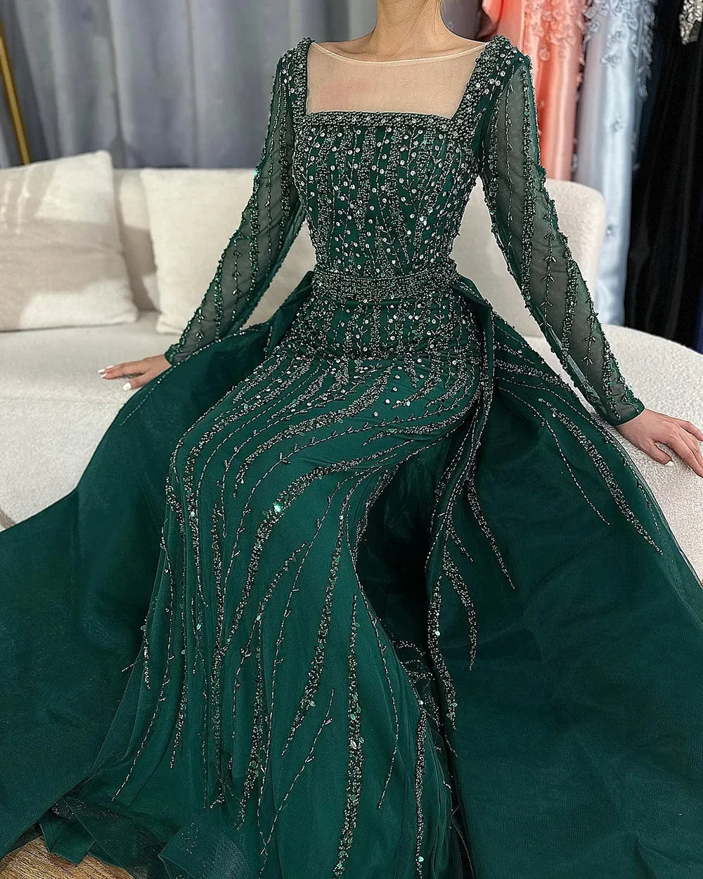 Modest Green Mermaid Evening Dress with Overskirt LA72710