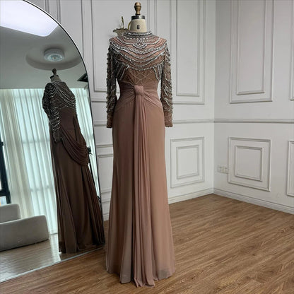 Luxury Designer Modest Brown Stretch Material Mermaid Evening Dress LA72993