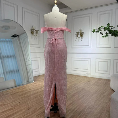 Luxury Pink Off Shoulder Mermaid Evening Dress with Bow LA73058
