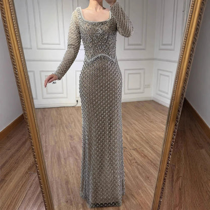 Modest Pearl Beaded Mermaid Evening Dress with Long Sleeves LA72919A