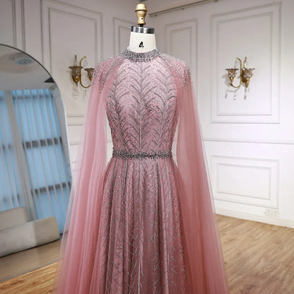 Luxury Elegant Pink Beaded Evening Dress with Cape LA73033