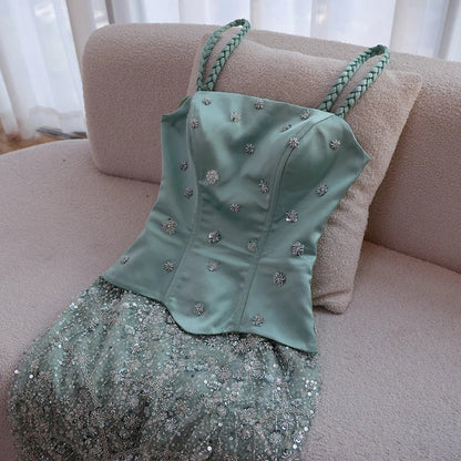 Luxury Sage Green Beaded 1 Pieces Evening Dress LA72977