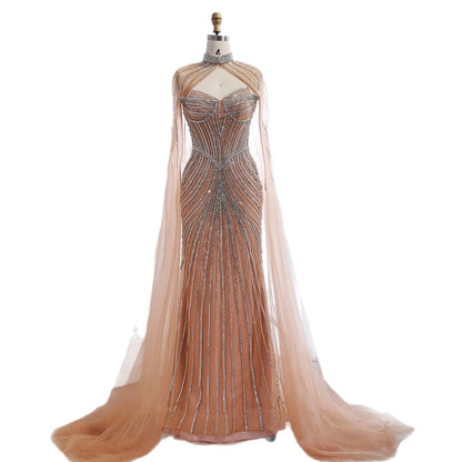 Luxury Nude Mermaid Evening Dress with Cape Sleeves LA73118