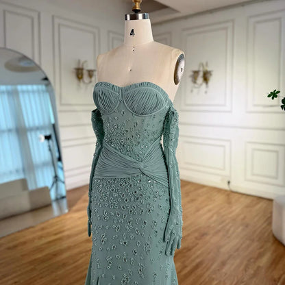 Luxury Turquoise Strapless Beaded Evening Dress with Gloves LA72933