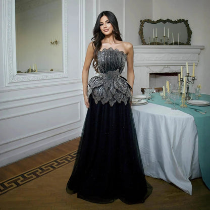 Luxury Black Strapless Beaded Applique A-Line Evening Dress LA73337