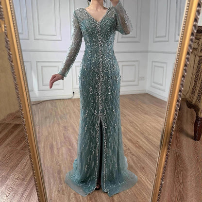 Luxury Turquoise Crystal Beaded Evening Dress Elegant Slit Gown LA73179