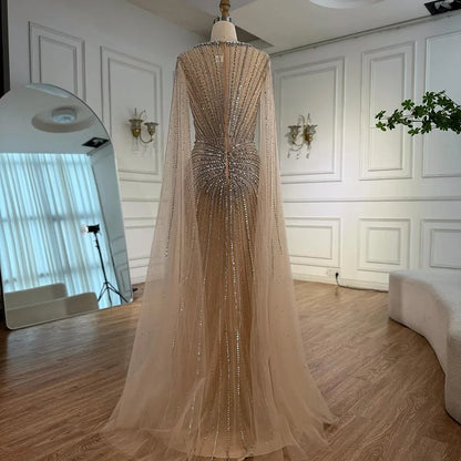Luxury Nude Beaded Evening Dress with Cape Sleeves LA72575C