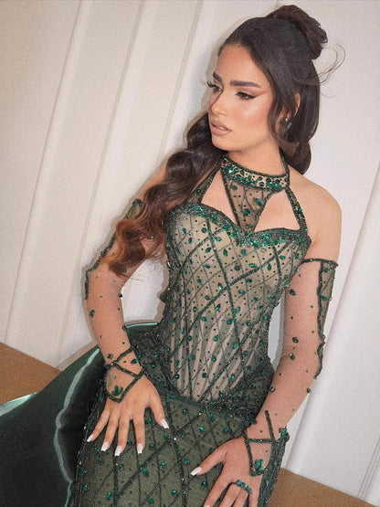 Luxury Green Halter Beaded Dubai Corset Evening Dress LA73322