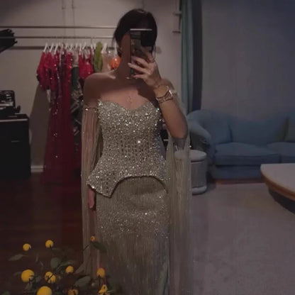 Luxury Gray Beaded Off-Shoulder Evening Dress with Cape Sleeves LA73076