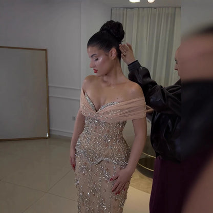 Luxury Nude Beaded Mermaid Evening Dress LA73336