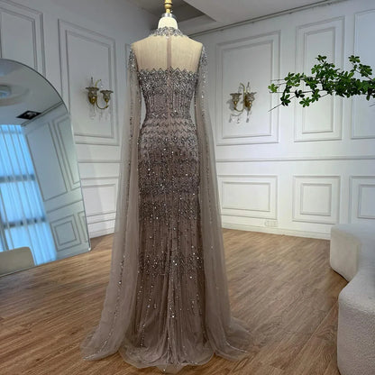 Luxury Nude Beaded Evening Dress with Long Cape Sleeves LA72714A
