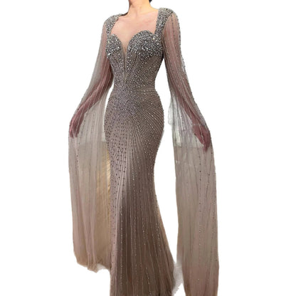 Luxury Caramel Crystal Beaded Mermaid Evening Dress with Cape LA72575D