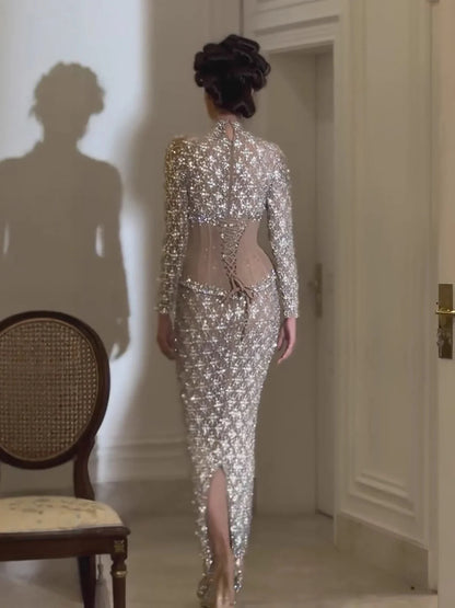 Luxury Nude Beaded Two Pieces Corset Evening Dress LA73335