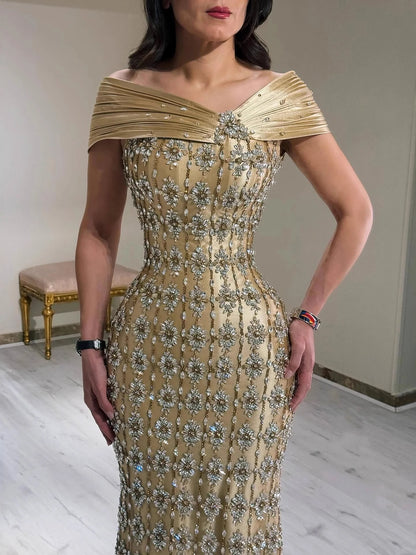 Luxury Gold Arabic Ruffles Evening Dress LA73362
