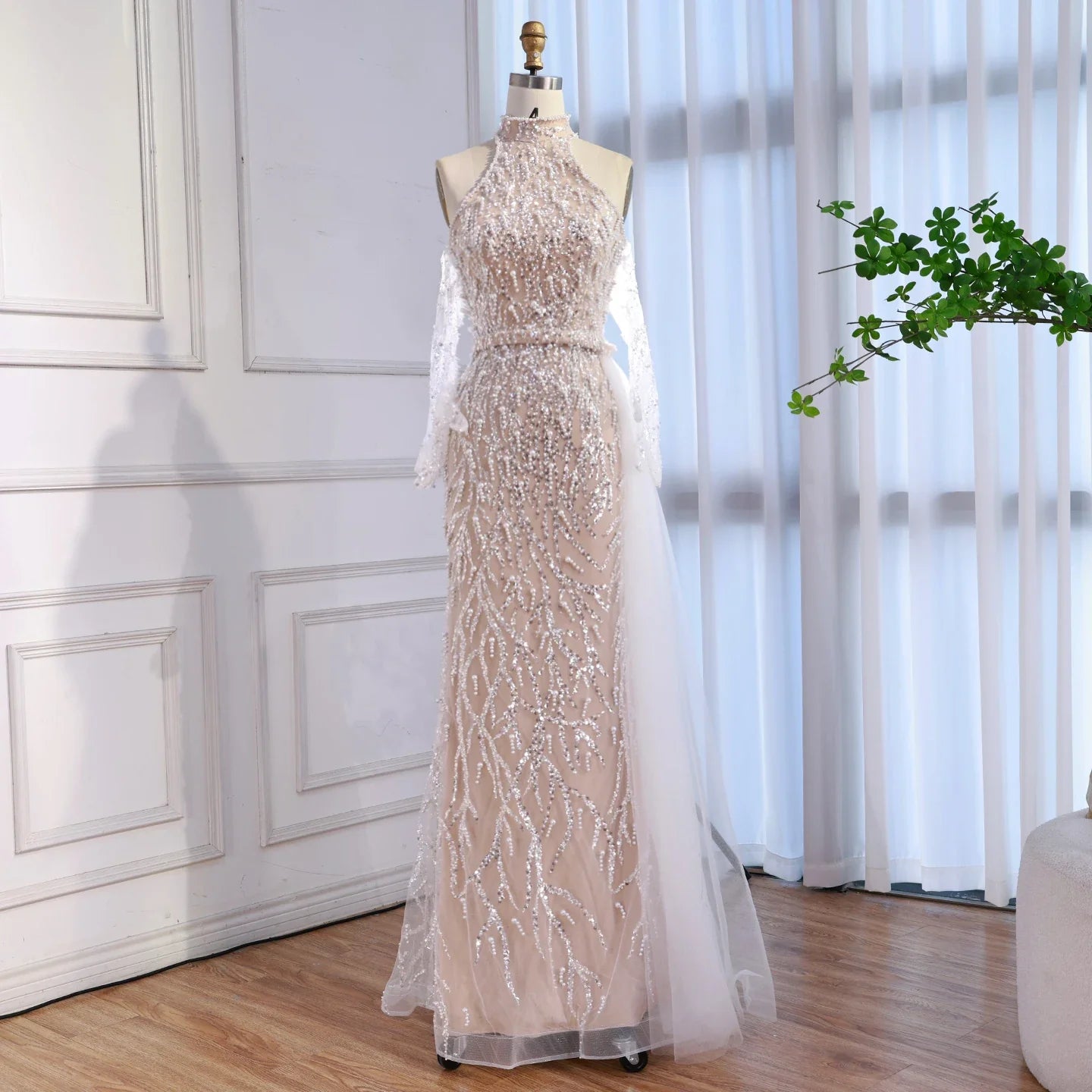 Luxury Lace Pearls Halter Mermaid Evening Dress With Glove White Nude LA72345F