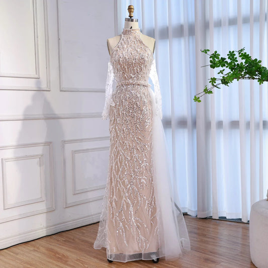Luxury Lace Pearls Halter Mermaid Evening Dress With Glove White Nude LA72345F