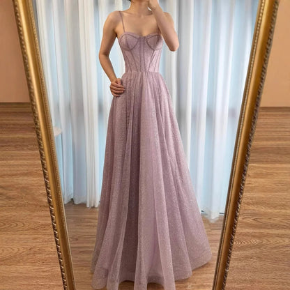 Luxury Pink Glitter A-Line Evening Dress with Corset Bodice LA73017