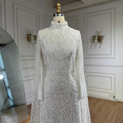 Luxury Dubai  Muslim Sage Green Pearls  Evening  Dress With Cape Plus Size LA72591