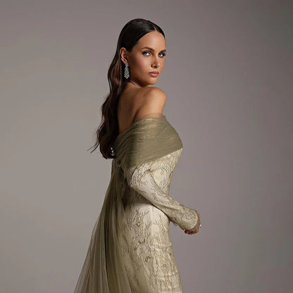 Elegant Olive Green Evening Dress with Lace Sleeves LA72942