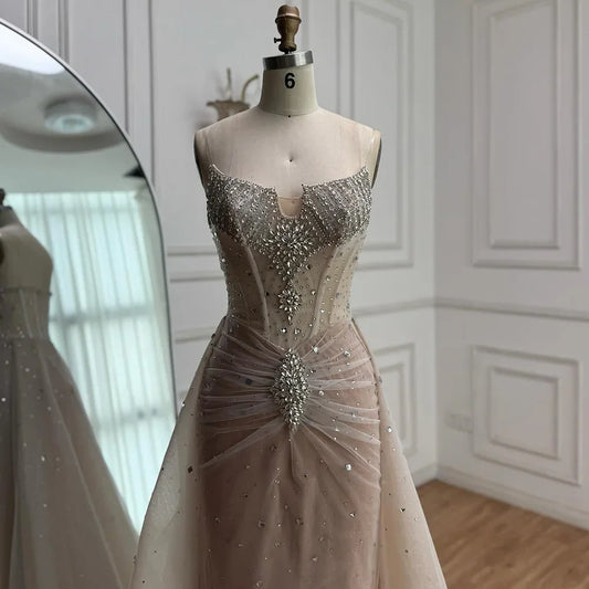 Luxury White Nude Beaded Evening Dress with Overskirt LA73107