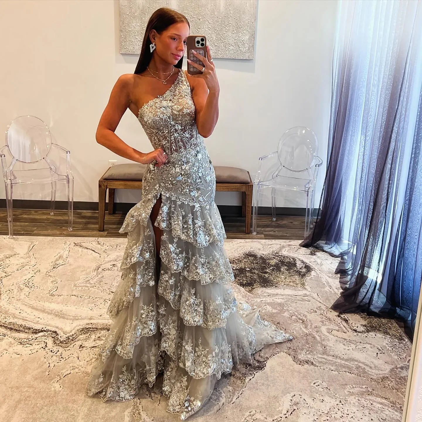 Luxury Silver Tiered Beaded One Shoulder Formal Evening Dress LA72593B