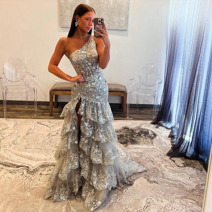Luxury Silver Tiered Beaded One Shoulder Formal Evening Dress LA72593B