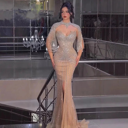 Nude Mermaid Evening Dress with Detachable High Neck Tassel LA72891A